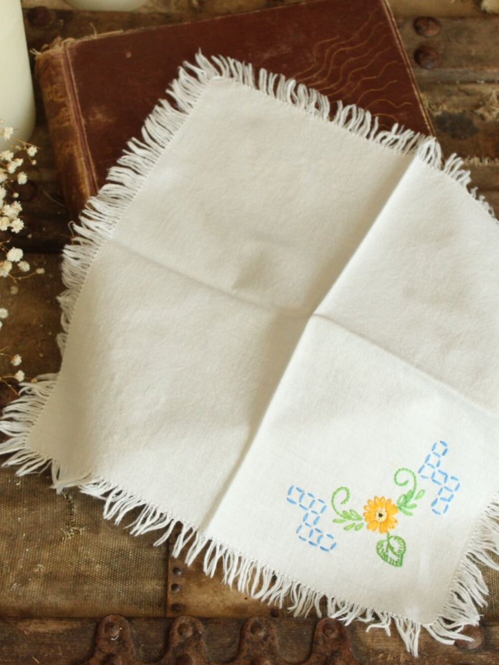 Vintage 1960s 1970s Handkerchief, White Cotton With Embroidered Flowers and Frin